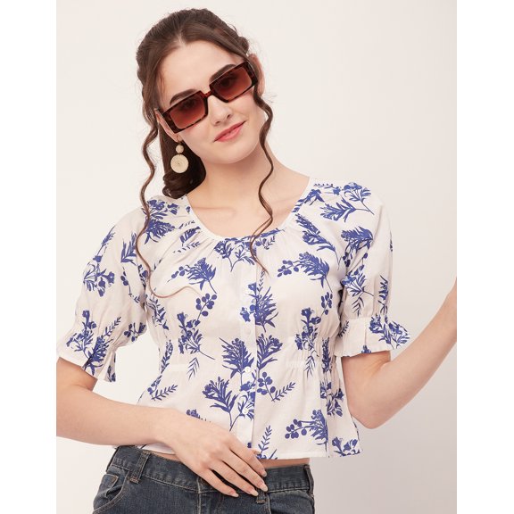 Moomaya Printed Cinched Waist Top, Half Sleeve Round Neck Retro Tops For Women
