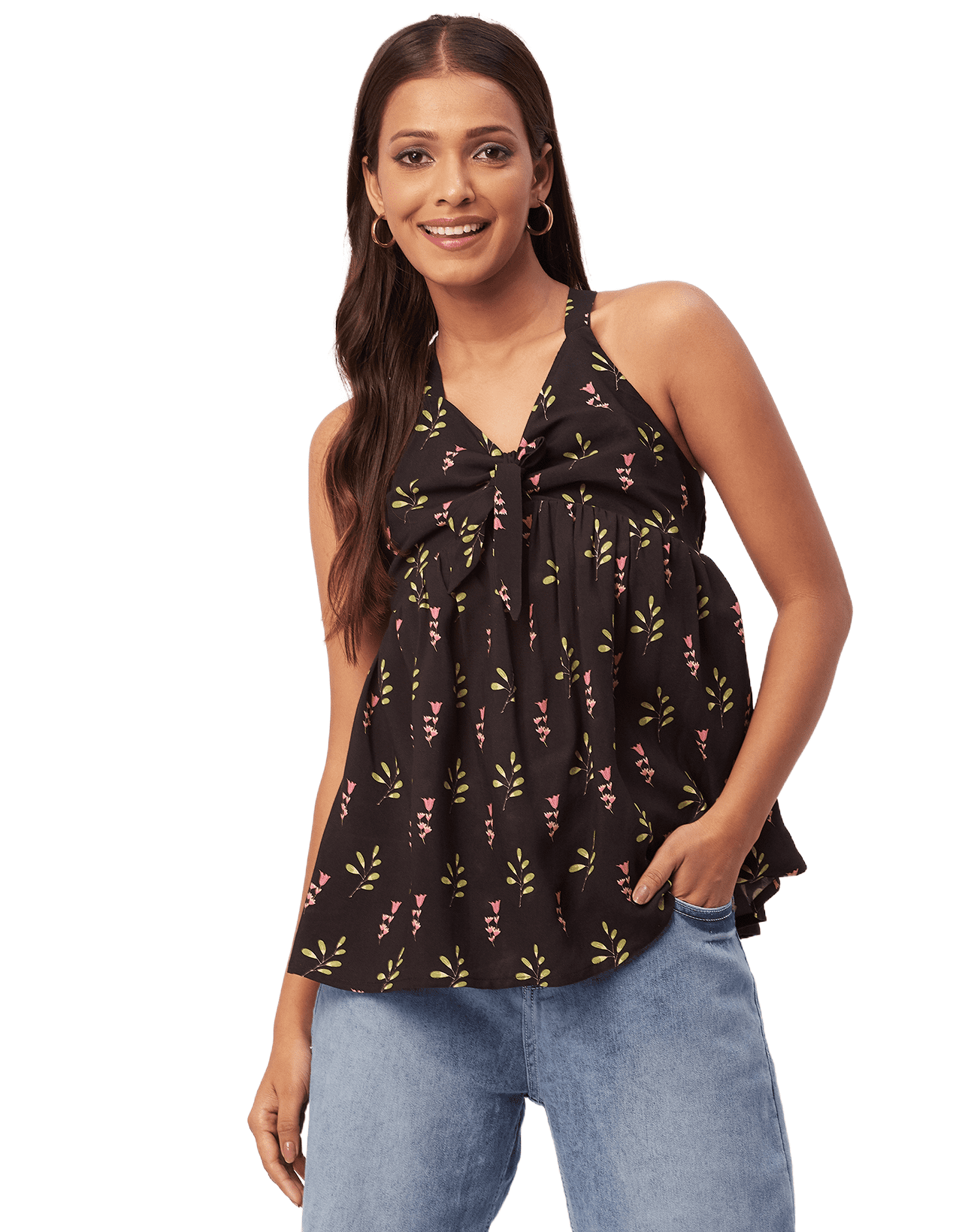 Moomaya Printed Cinched Waist Viscose Top, Sleeveless Tunic