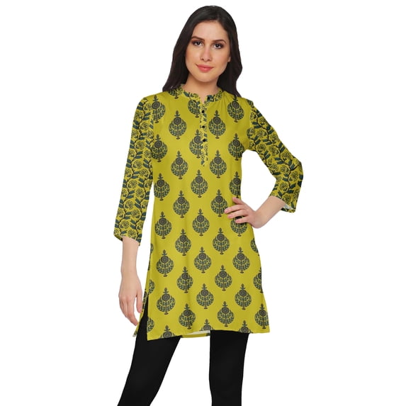 Moomaya Printed Collar Close Neck Mini Tunic Dresses For Women Clothing Wear
