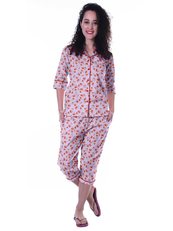 Printed Cotton 3/4 Sleeve Shirt With Capri 2 Piece Nightwear Set Sleepwear For Womens