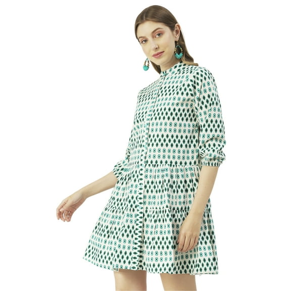 Moomaya Printed Cotton Button Down Shirt Dress, Quarter Sleeve Short Summer Resort Dress