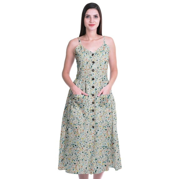 Moomaya Printed Cotton Casual Spaghetti Strap Dress Flared Maxi Summer Dresses For Women