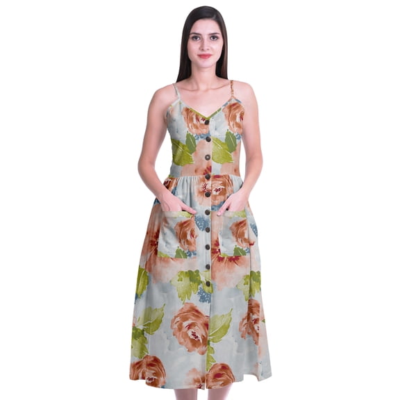 Moomaya Printed Cotton Casual Spaghetti Strap Dress Flared Maxi Summer Dresses For Women