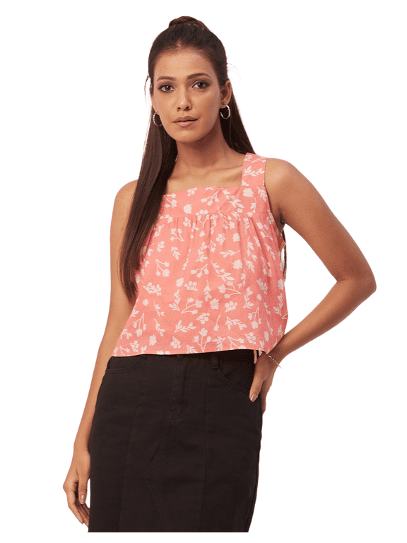 Printed Cotton Crop Top For Women, Sleeveless Square Neck Summer Top