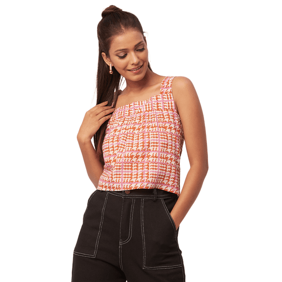 Moomaya Printed Cotton Crop Top For Women, Sleeveless Square Neck Summer Top