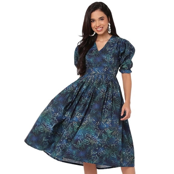 Moomaya Printed Cotton Flared Dress, V-Neck Puffed Sleeves Maxi Dress For Women