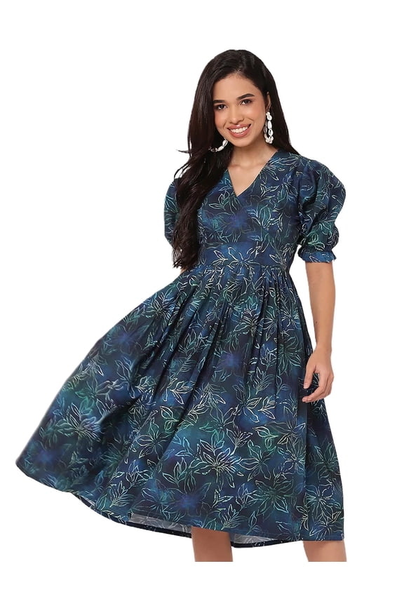 Printed Cotton Flared Dress, V-Neck Puffed Sleeves Maxi Dress For Women