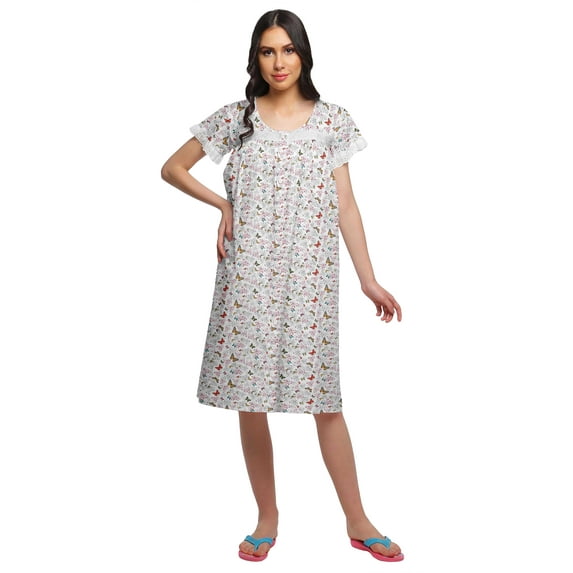Moomaya Printed Cotton Lace Border Sleepwear Women Short Sleeve Nightdress