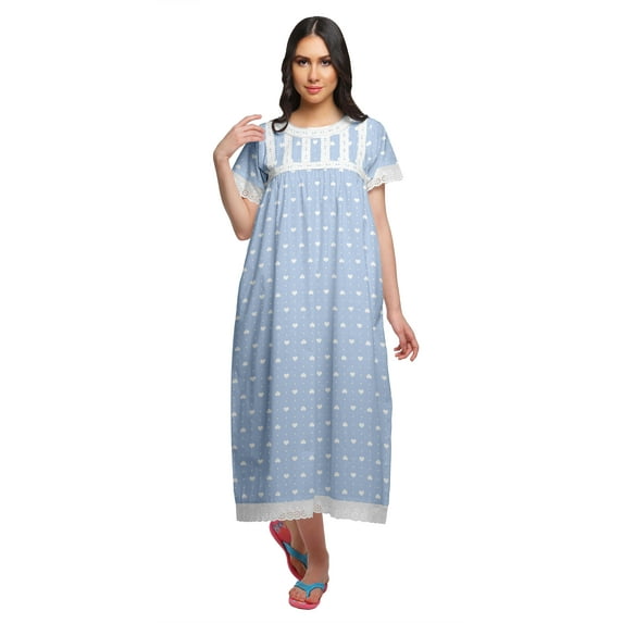 Moomaya Printed Cotton Sailor Collar Sleepwear For Ladies Button Down Nightdress