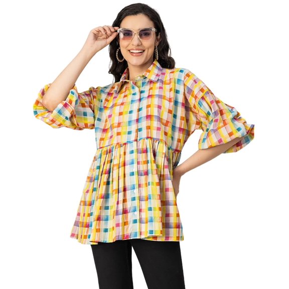 Moomaya Printed Cotton Shirt Top - Shirt Collar, Relaxed Fit Everyday Top