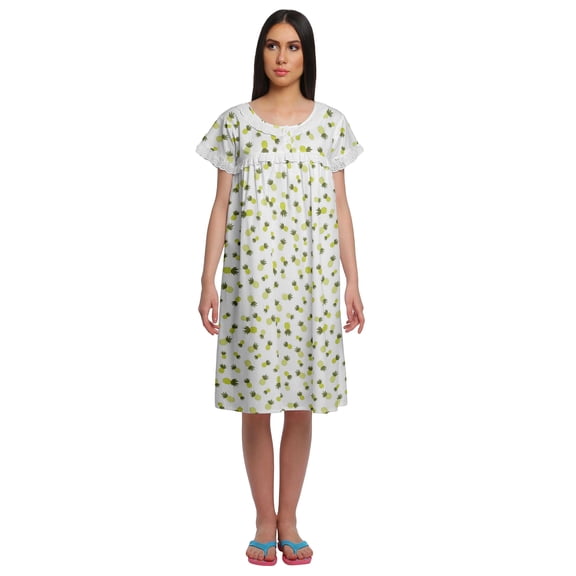 Moomaya Printed Cotton Short Sleeve Nightwear Womens Lace Neckline Nightdress