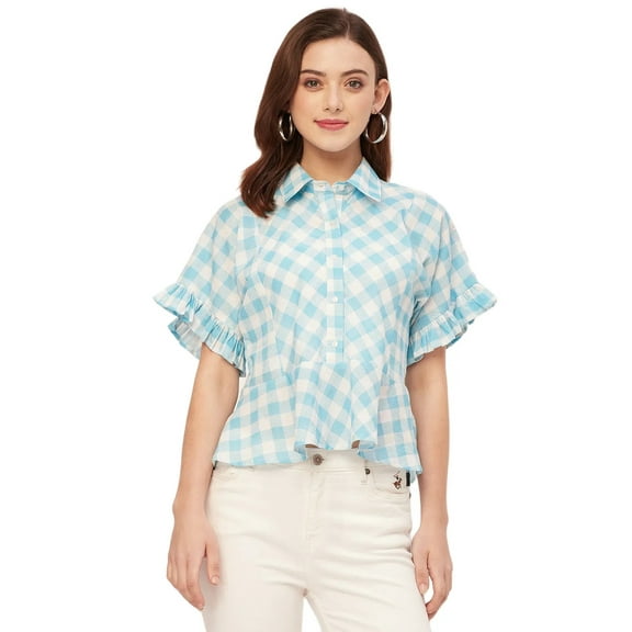 Moomaya Printed Cotton Short Sleeve Peplum Top - Shirt Collar, Chic Top