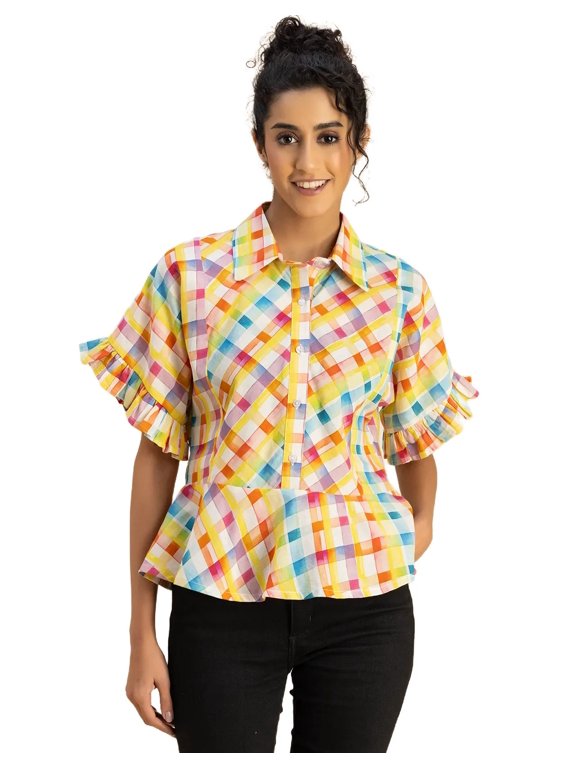 Printed Cotton Short Sleeve Peplum Top - Shirt Collar, Chic Top