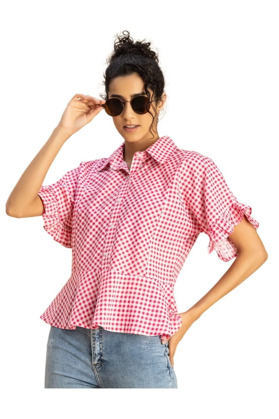 Printed Cotton Short Sleeve Peplum Top - Shirt Collar, Chic Top