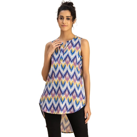 Moomaya Printed Cotton Sleeveless High-Low V Neck Top - Boho Style Top