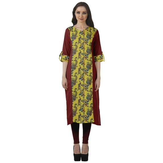 Moomaya Printed Cotton Straight Tunic Roll Up Sleeves Women Casual Kurti Dress
