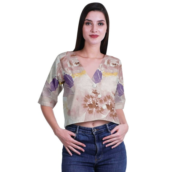 Moomaya Printed Cotton Top For Womens V-neck Crop Top Elbow Sleeve Summer Blouse T-shirt