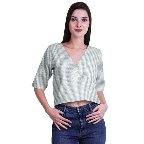 Moomaya Printed Cotton Top For Womens V-neck Crop Top Elbow Sleeve Summer Blouse T-shirt