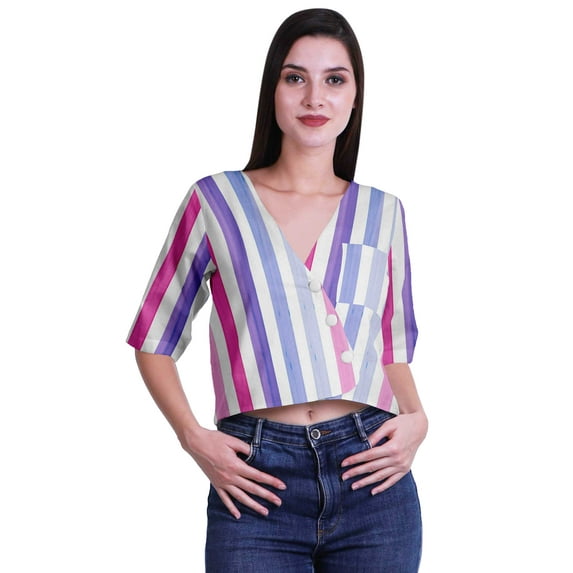 Moomaya Printed Cotton Top For Womens V-neck Crop Top Elbow Sleeve Summer Blouse T-shirt