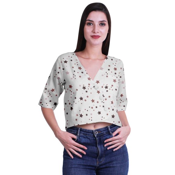 Moomaya Printed Cotton Top For Womens V-neck Crop Top Elbow Sleeve Summer Blouse T-shirt