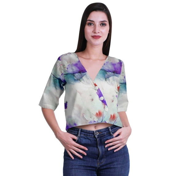 Moomaya Printed Cotton Top For Womens V-neck Crop Top Elbow Sleeve Summer Blouse T-shirt