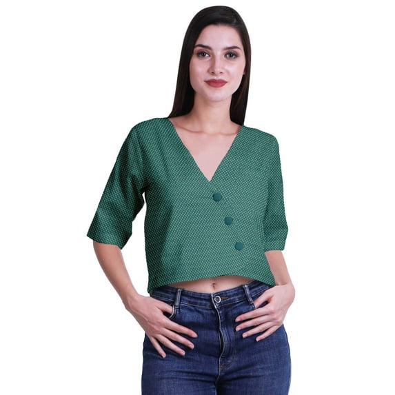 Moomaya Printed Cotton Top For Womens V-neck Crop Top Elbow Sleeve Summer Blouse T-shirt