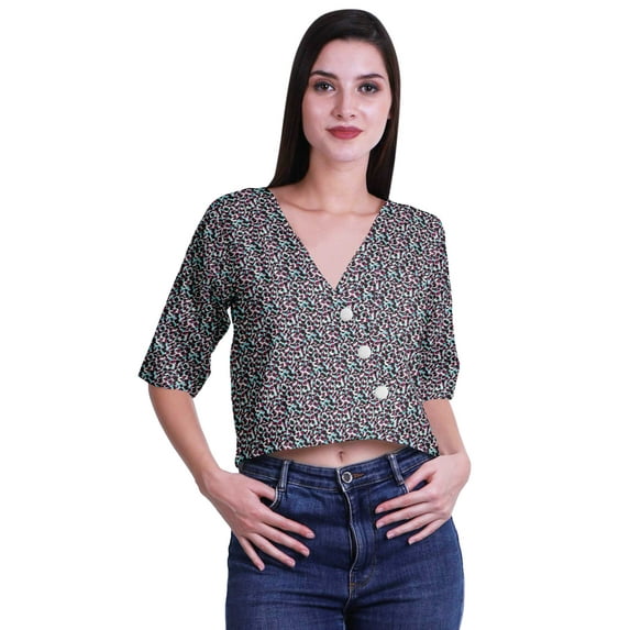 Moomaya Printed Cotton Top For Womens V-neck Crop Top Elbow Sleeve Summer Blouse T-shirt