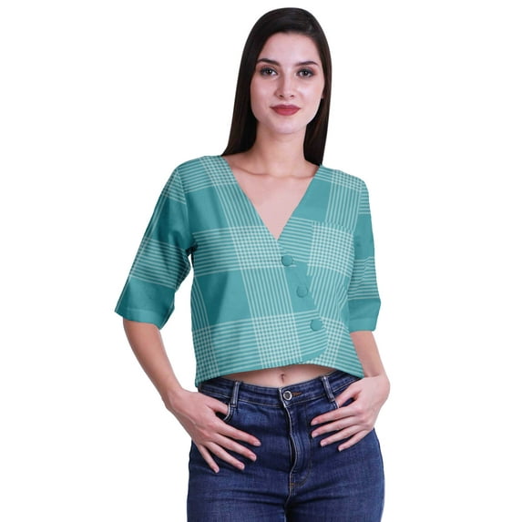 Moomaya Printed Cotton Top For Womens V-neck Crop Top Elbow Sleeve Summer Blouse T-shirt