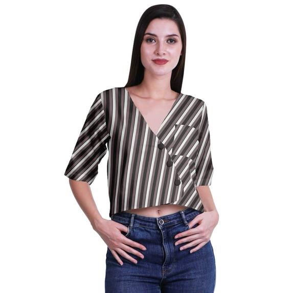 Moomaya Printed Cotton Top For Womens V-neck Crop Top Elbow Sleeve Summer Blouse T-shirt