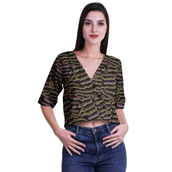 Moomaya Printed Cotton Top For Womens V-neck Crop Top Elbow Sleeve Summer Blouse T-shirt