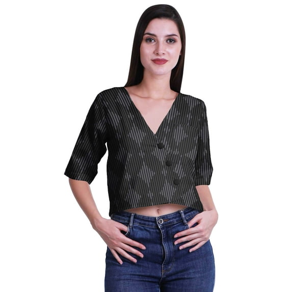 Moomaya Printed Cotton Top For Womens V-neck Crop Top Elbow Sleeve Summer Blouse T-shirt