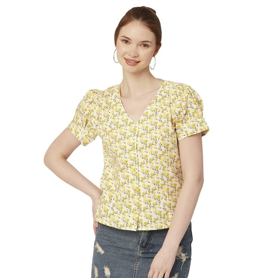 Moomaya Printed Cotton Tops For Women V Neck Short Puff Sleeve Regular Fit Top