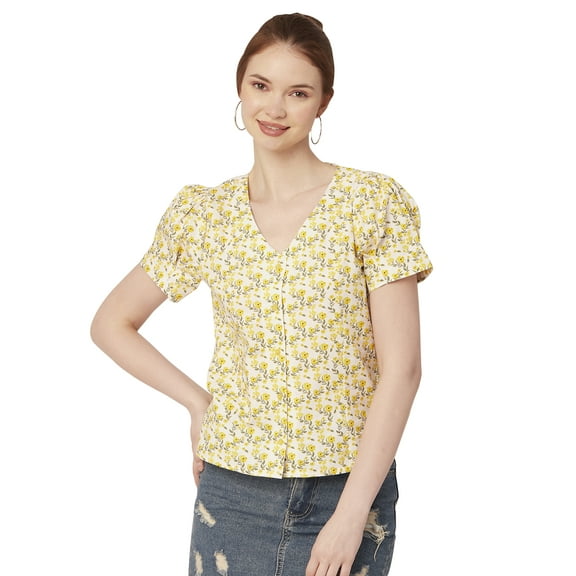 Moomaya Printed Cotton Tops For Women V Neck Short Puff Sleeve Regular Fit Top
