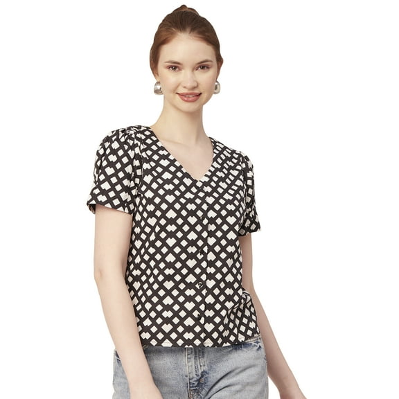 Moomaya Printed Cotton Tops For Women V Neck Short Puff Sleeve Regular Fit Top