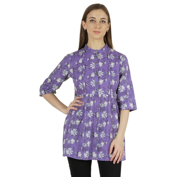 Moomaya Printed Cotton Tunic Top For WoMen's Mandarin Collar Ethnic Wear Pin Tuck Kurti