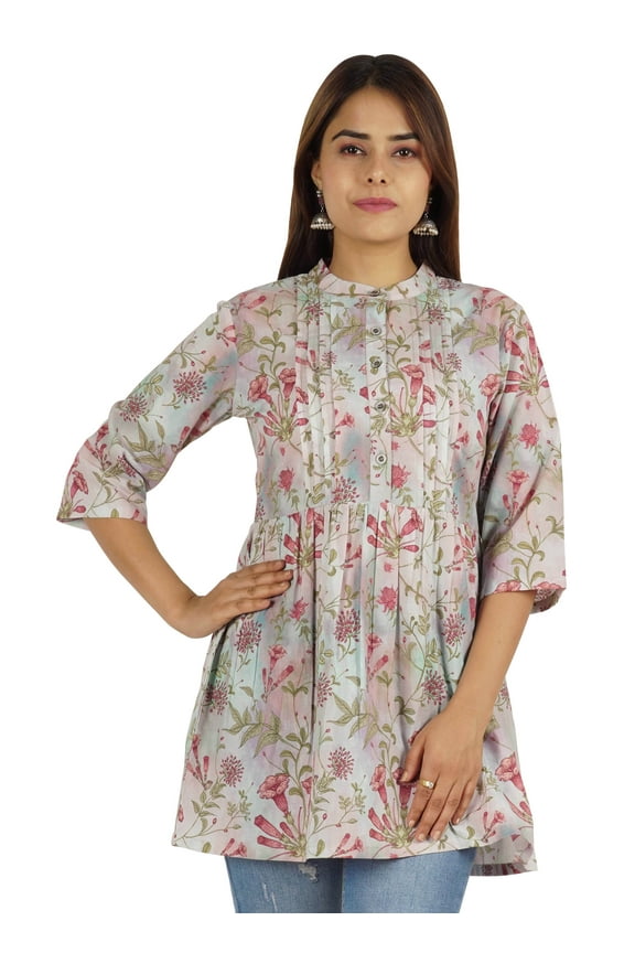 Printed Cotton Tunic Top For WoMen's Mandarin Collar Ethnic Wear Pin Tuck Kurti