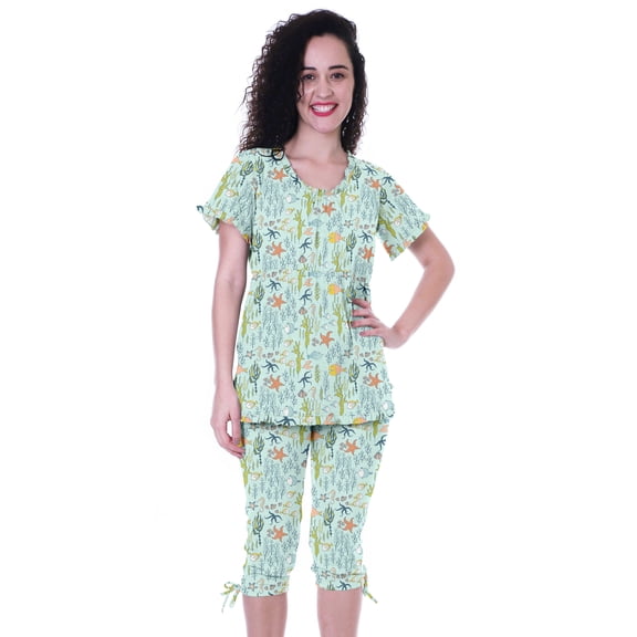 Moomaya Printed CottonNightwearSet For Womens Top & Capri Pant 2 Piece Sleepwear