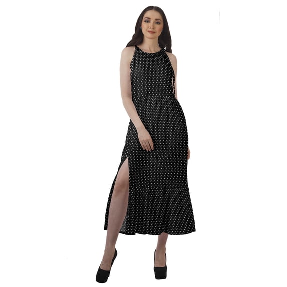 Moomaya Printed Dress Women Party Wedding Partywear Halter Neck Rayon Maxi Dress