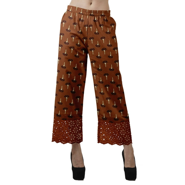 Moomaya Printed Elastic Waist Wide Leg Lace Palazzo Pants With Lace Casual  Cotton Bottoms 