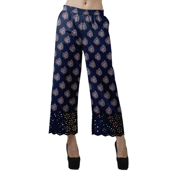 Moomaya Printed Elastic Waist Wide Leg Lace Palazzo Pants With Lace Casual Cotton Bottoms