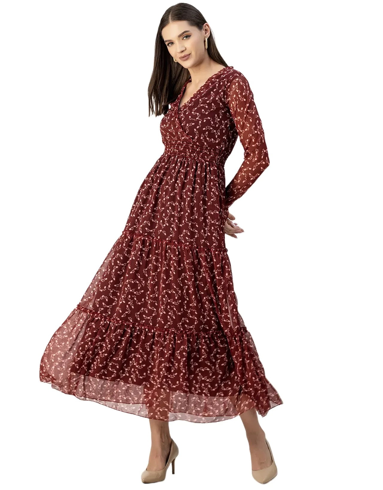 Black Tiered Flared Viscose Rayon Women's Maxi Dress main image 1