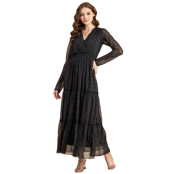 Moomaya Printed Flared Maxi Dress For Women, V-Neck Long Sleeve, Chiffon Maxi Dress