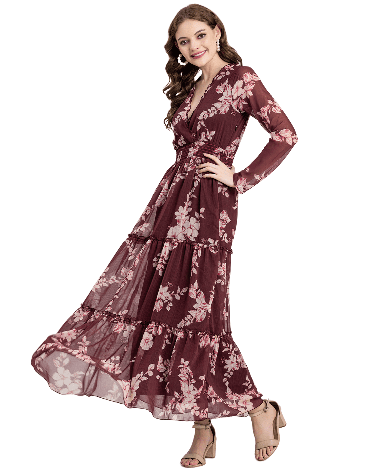 Moomaya Printed Flared Maxi Dress For Women, V-Neck Long Sleeve