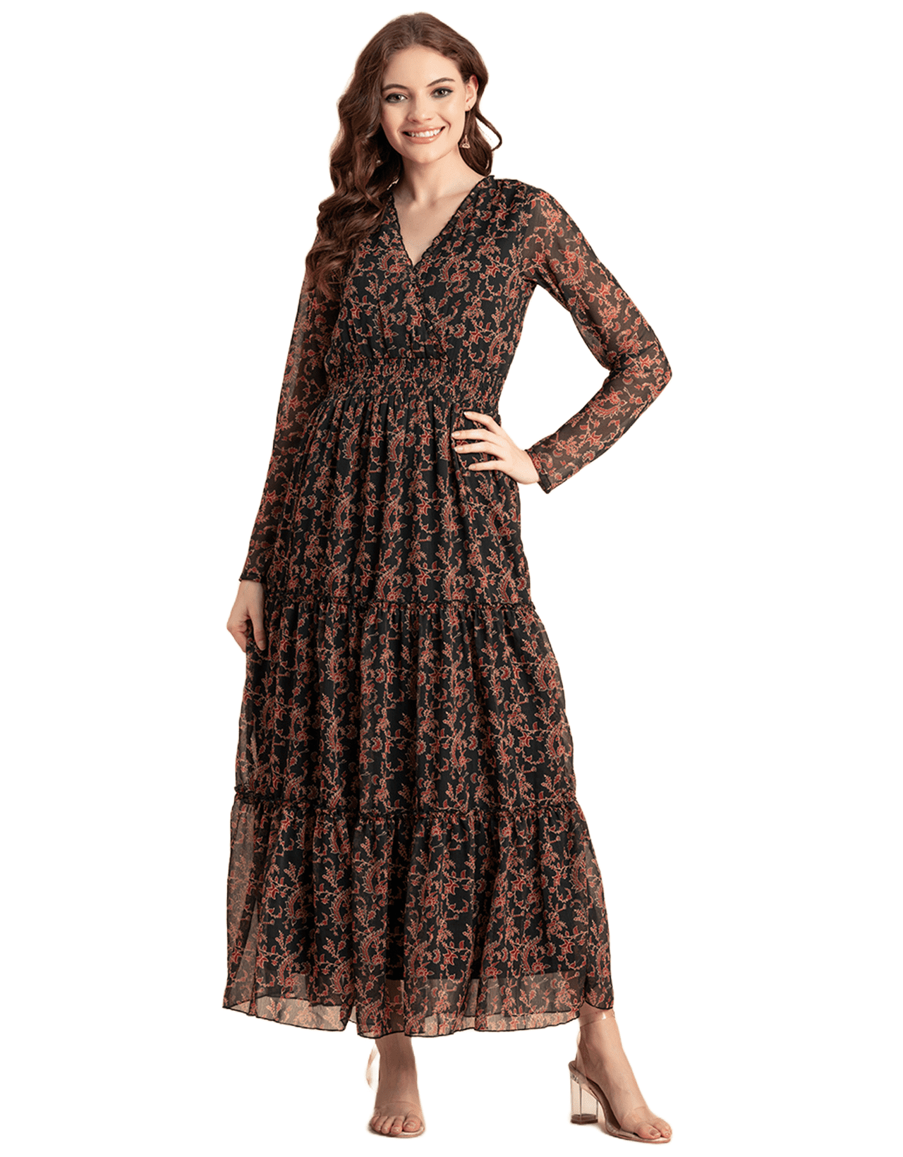 Moomaya Printed Flared Maxi Dress For Women, V-Neck Long Sleeve, Chiffon  Maxi Dress - Walmart.com
