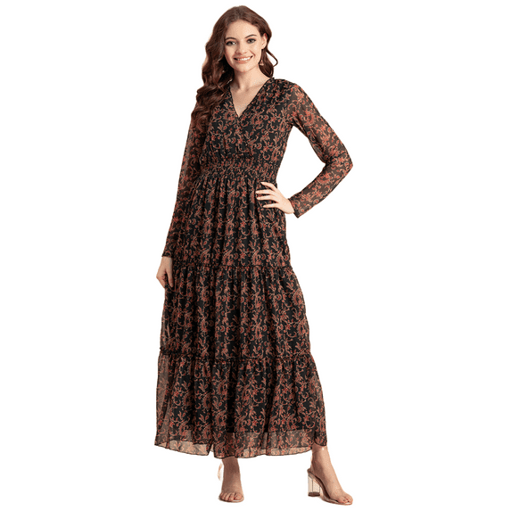 Moomaya Printed Flared Maxi Dress For Women, V-Neck Long Sleeve, Chiffon Maxi Dress
