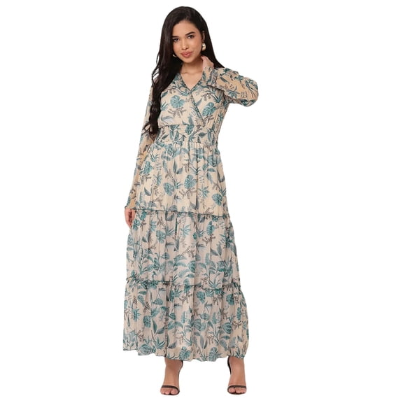 Moomaya Printed Flared Maxi Dress For Women, V-Neck Long Sleeve, Maxi Dress