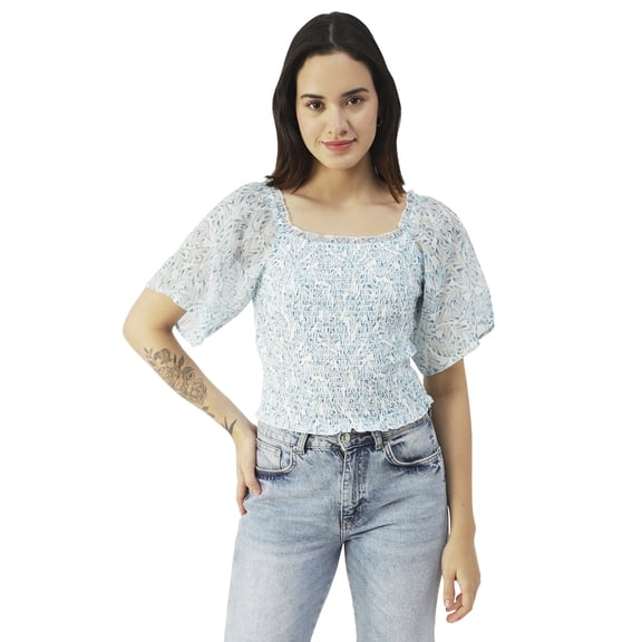 Moomaya Printed Flotter Sleeves Top For Women, Short Sleeve Smocked Crop Top