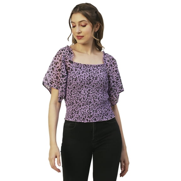 Moomaya Printed Flotter Sleeves Top For Women, Short Sleeve Smocked Crop Top
