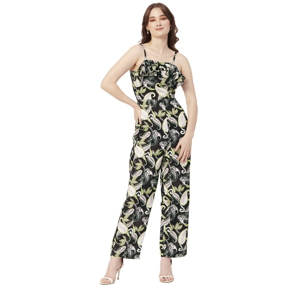 Moomaya Printed Frilled Jumpsuit, Viscose Rayon Adjustable Spaghetti Strap Casual Romper