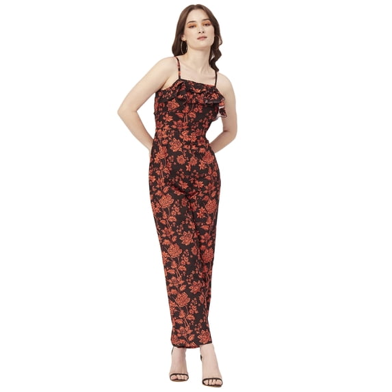 Moomaya Printed Frilled Jumpsuit, Viscose Rayon Adjustable Spaghetti Strap Casual Romper